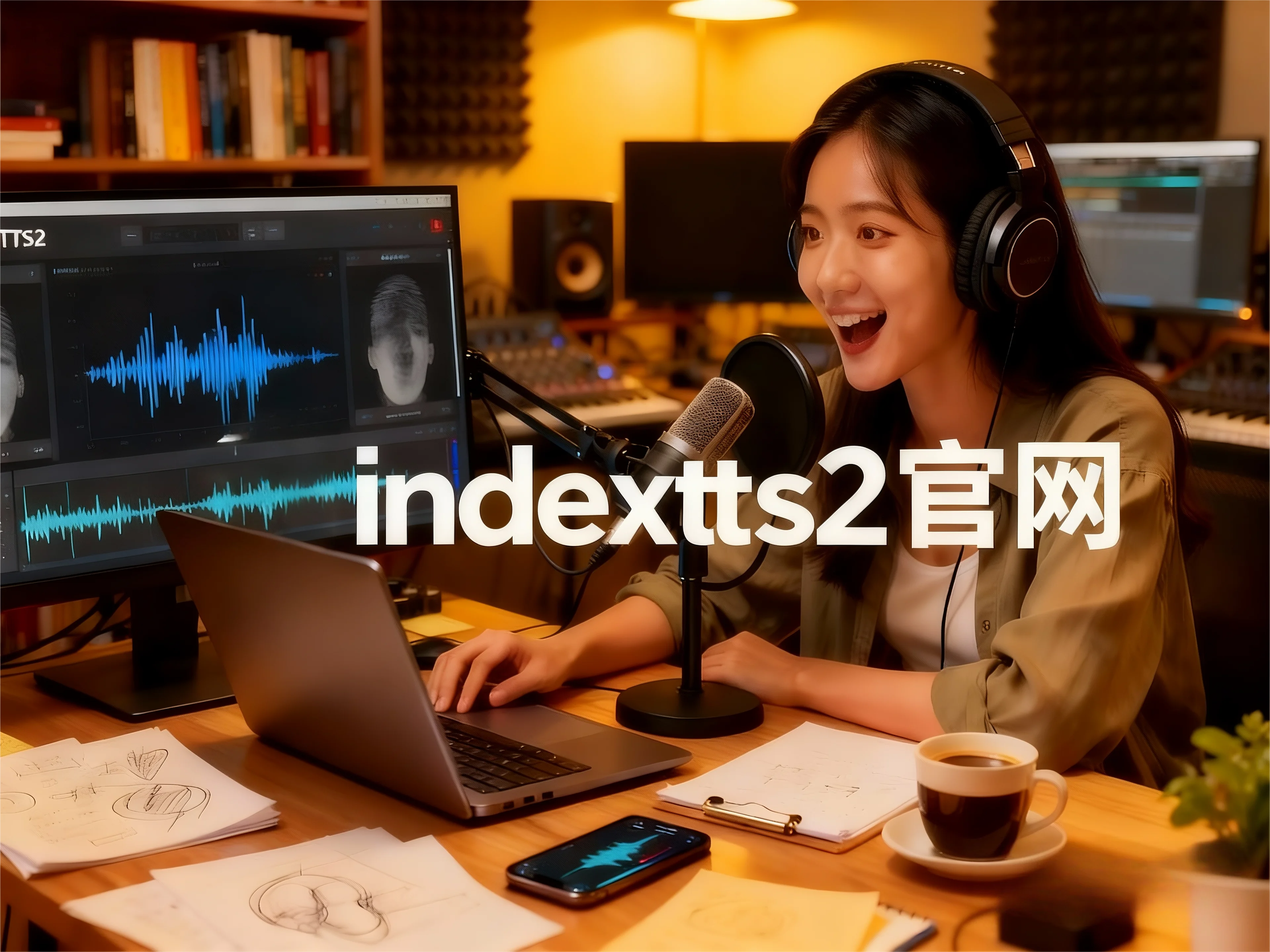 IndexTTS2声音克隆服务展示:面带笑容的男士手持麦克风进行录音,背景DNA双螺旋与声波图案象征高精度声音复刻技术,体现IndexTTS在线声音克隆的便捷体验。