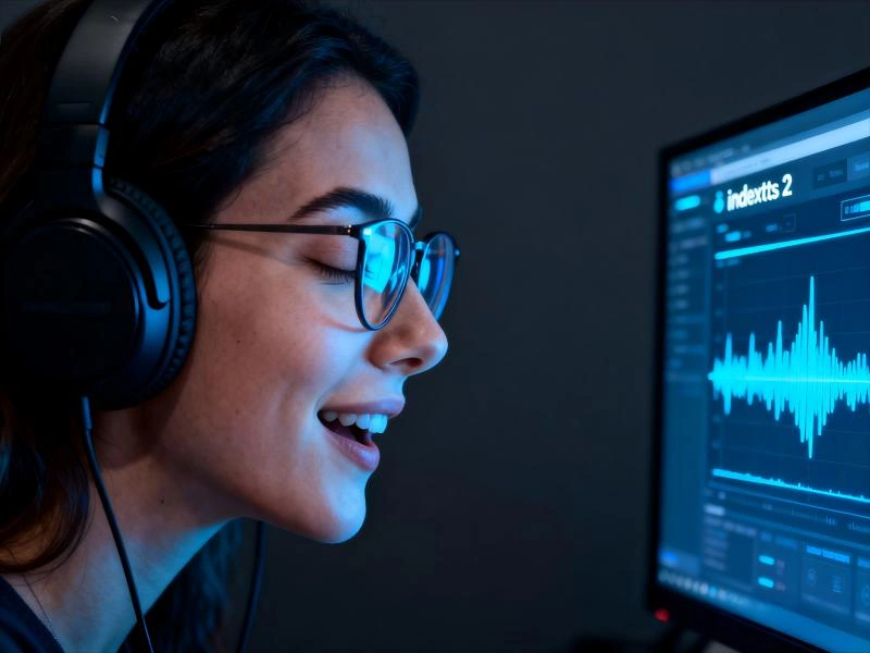 IndexTTS2数字人创建界面:职业女性操作悬浮科技面板,"上传成功"提示与5秒录音流程展示IndexTTS声音克隆的高效性,蓝色光影凸显技术专业性。